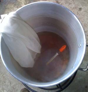 Steeping the specialty grain - I haven't used that analog thermometer in a long time!