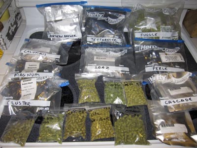Image of many bags of brewing hops
